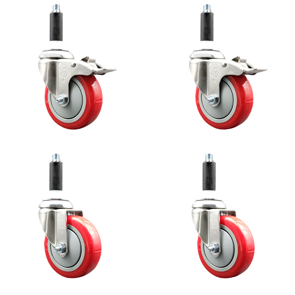 Polyurethane Swivel Stem Caster with 4 in. Red Caster Wheels, 0.75 in. Expanding Stem - 316 Stainless Steel Casters - Set of 4
