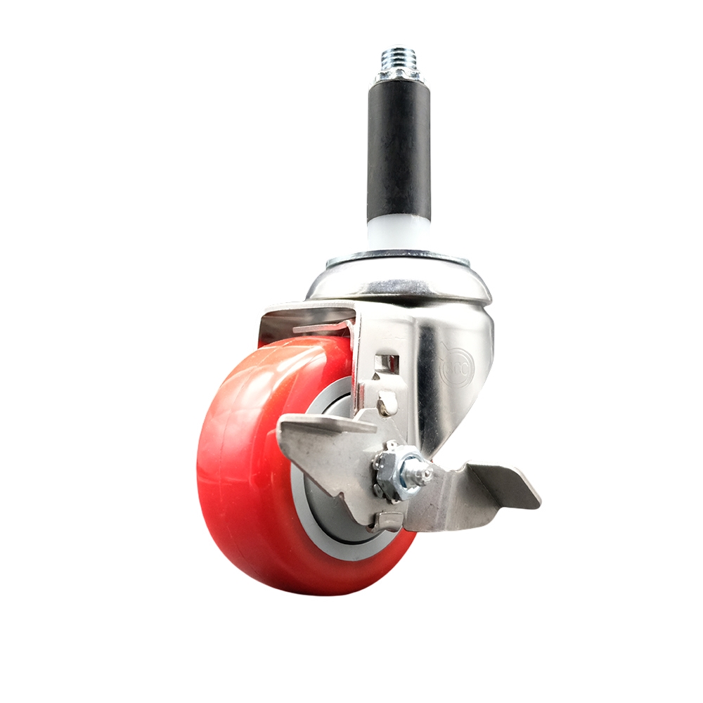 Polyurethane Swivel Stem Caster with 3 in. Red Caster Wheels & Top Lock Brake, 0.87 in. Expanding Stem - 316 Stainless Steel Caster