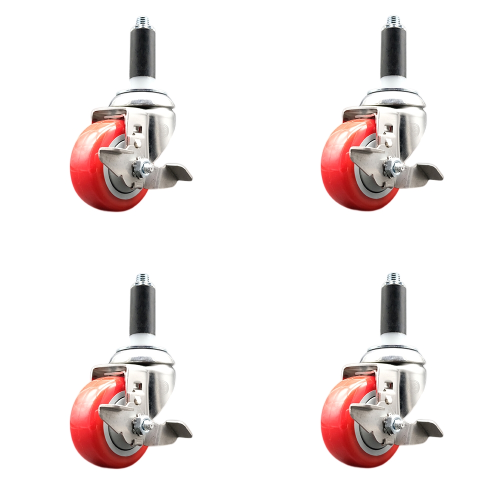 Polyurethane Swivel Stem Caster with 3 in. Red Caster Wheels, 1 in. Expanding Stems - 316 Stainless Steel Casters - Set of 4