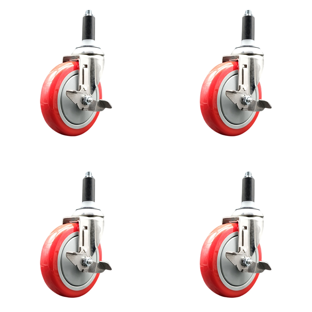 Polyurethane Swivel Stem Caster with 5 in. Red Caster Wheels, 1 in. Expanding Stems - 316 Stainless Steel Casters - Set of 4