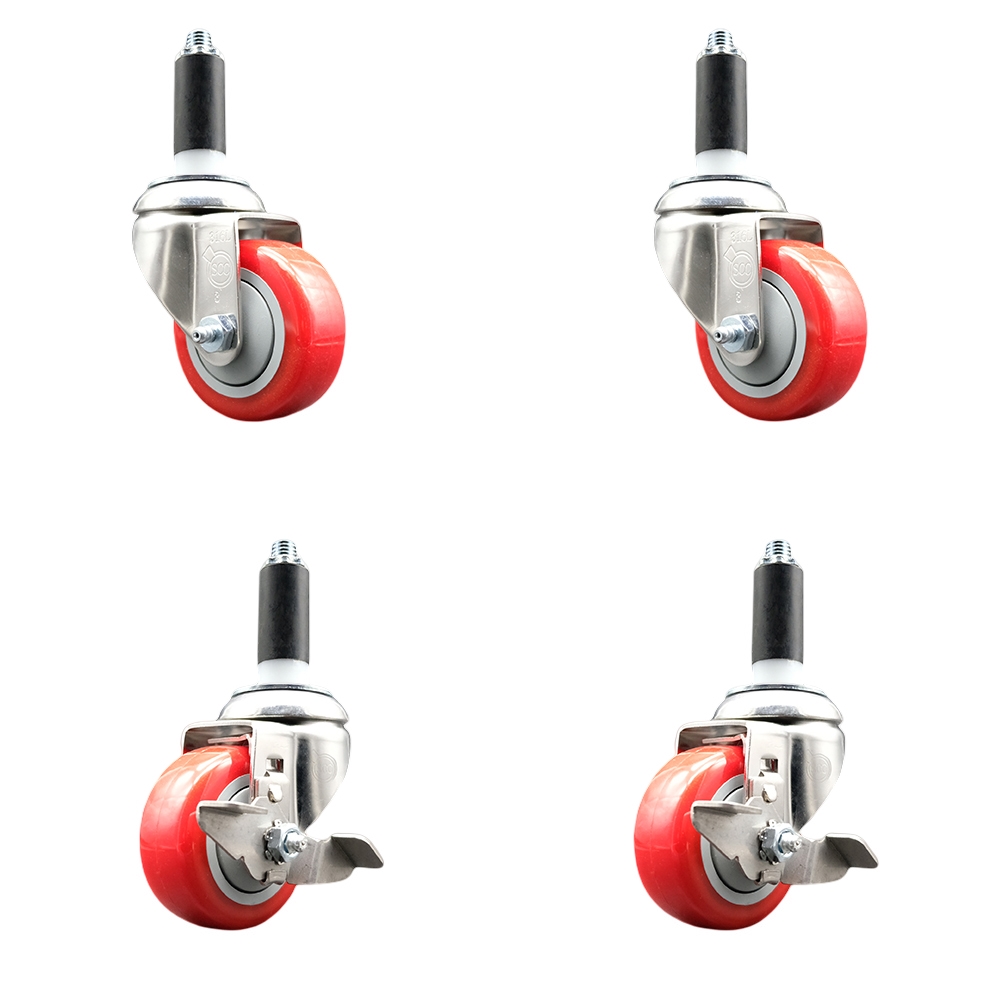 Polyurethane Swivel Stem Caster with 3.5 in. Red Caster Wheels, 1.13 in. Expanding Stems - 316 Stainless Steel Casters - Set of 4