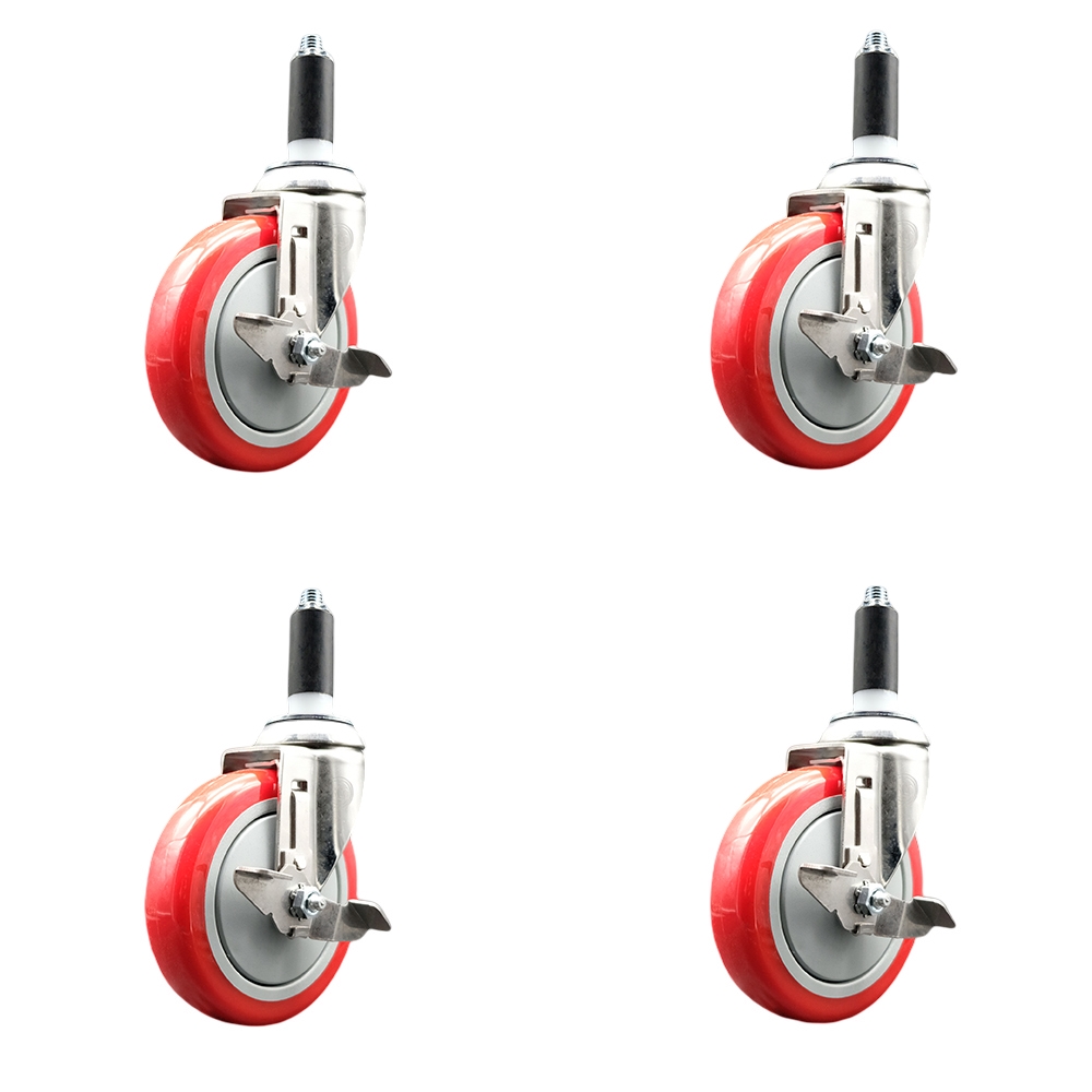 Polyurethane Swivel Stem Caster with 5 in. Red Caster Wheels, 1.13 in. Expanding Stems - 316 Stainless Steel Casters - Set of 4
