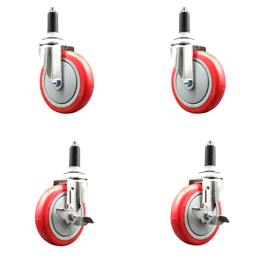 Polyurethane Swivel Stem Caster with 5 in. Red Caster Wheels, 1.13 in. Expanding Stems - 316 Stainless Steel Casters - Set of 4