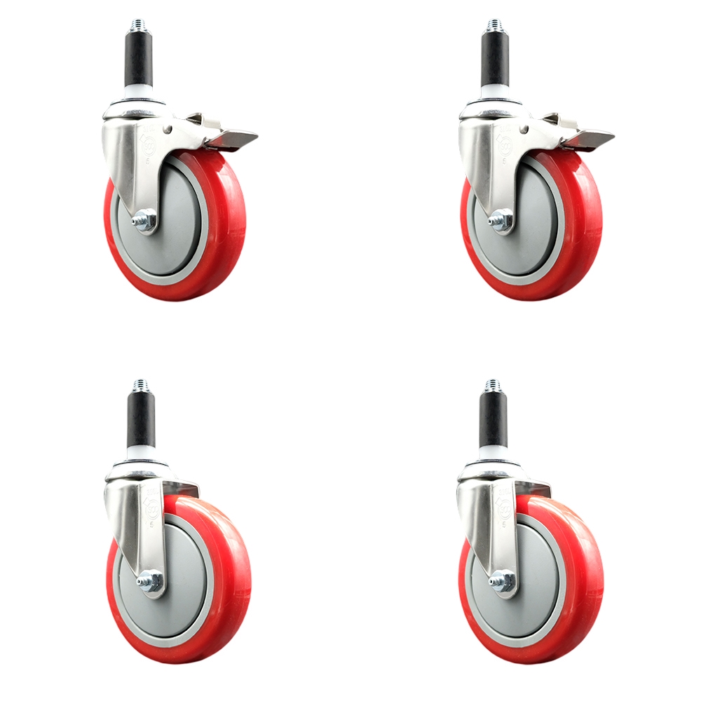 Polyurethane Swivel Stem Caster with 5 in. Red Caster Wheels, 1.13 in. Expanding Stem - 316 Stainless Steel Casters - Set of 4
