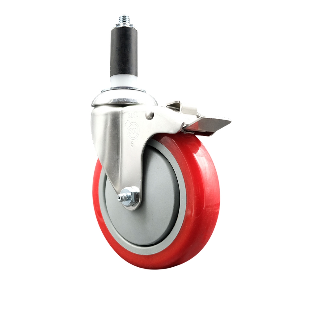 Polyurethane Swivel Stem Caster with 5 in. Red Caster Wheels & Total Lock Brake, 1.25 in. Expanding Stem - 316 Stainless Steel Caster