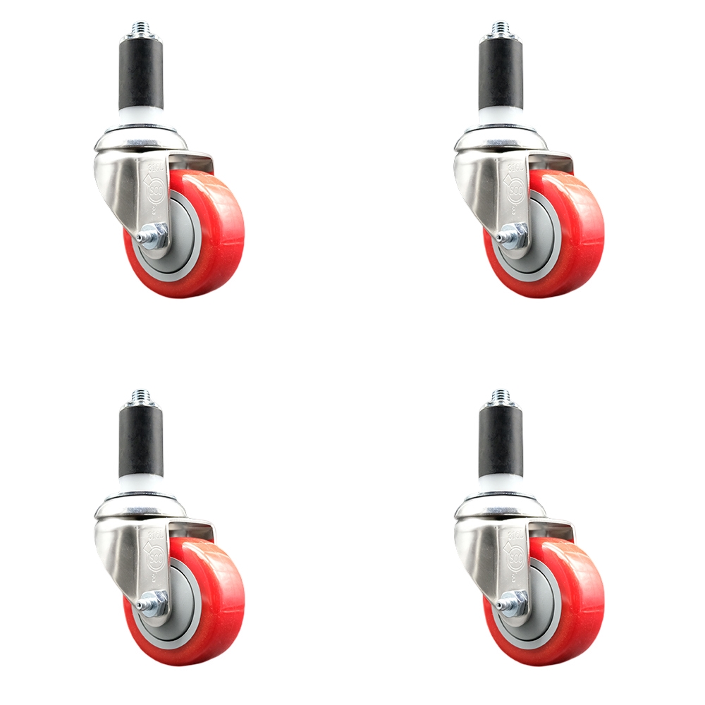 Polyurethane Swivel Stem Caster with 3 in. Red Caster Wheels, 1.38 in. Expanding Stems - 316 Stainless Steel Casters - Set of 4