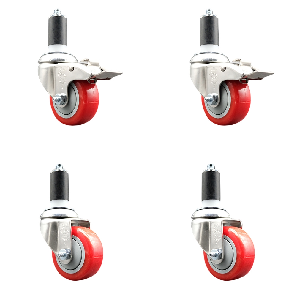 Polyurethane Swivel Stem Caster with 3.5 in. Red Caster Wheels, 1.38 in. Expanding Stem - 316 Stainless Steel Casters - Set of 4