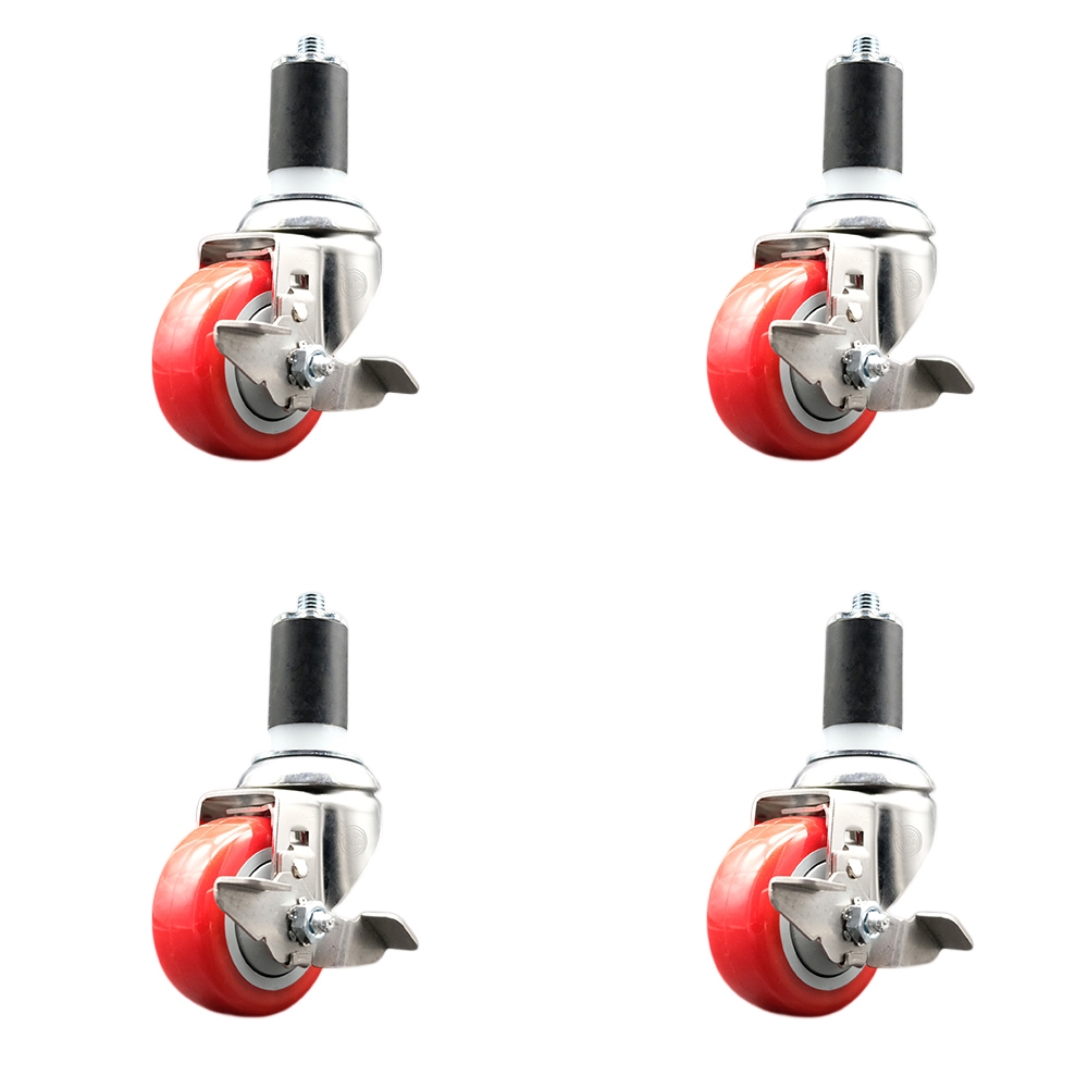 Polyurethane Swivel Stem Caster with 3 in. Red Caster Wheels, 1.5 in. Expanding Stems - 316 Stainless Steel Casters - Set of 4