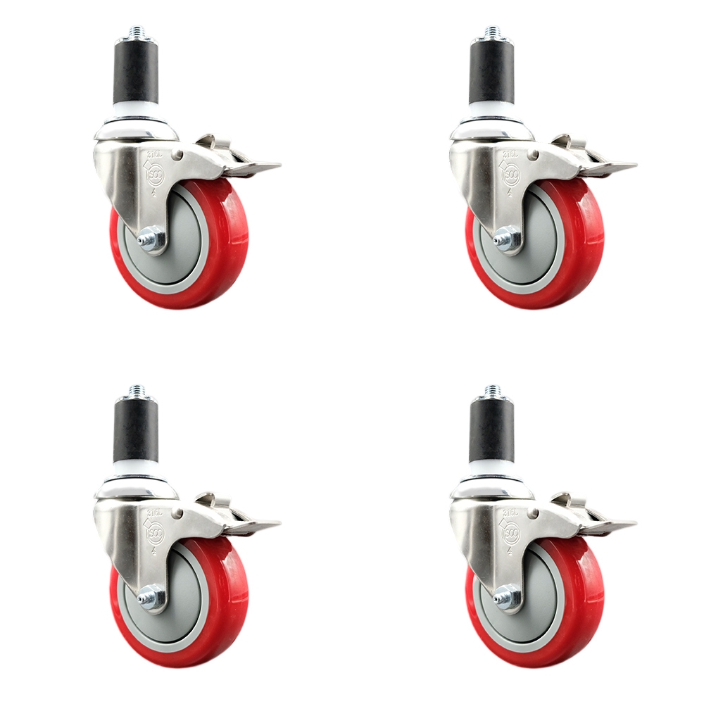 Polyurethane Swivel Stem Caster with 4 in. Red Caster Wheels, 1.5 in. Expanding Stems - 316 Stainless Steel Casters - Set of 4