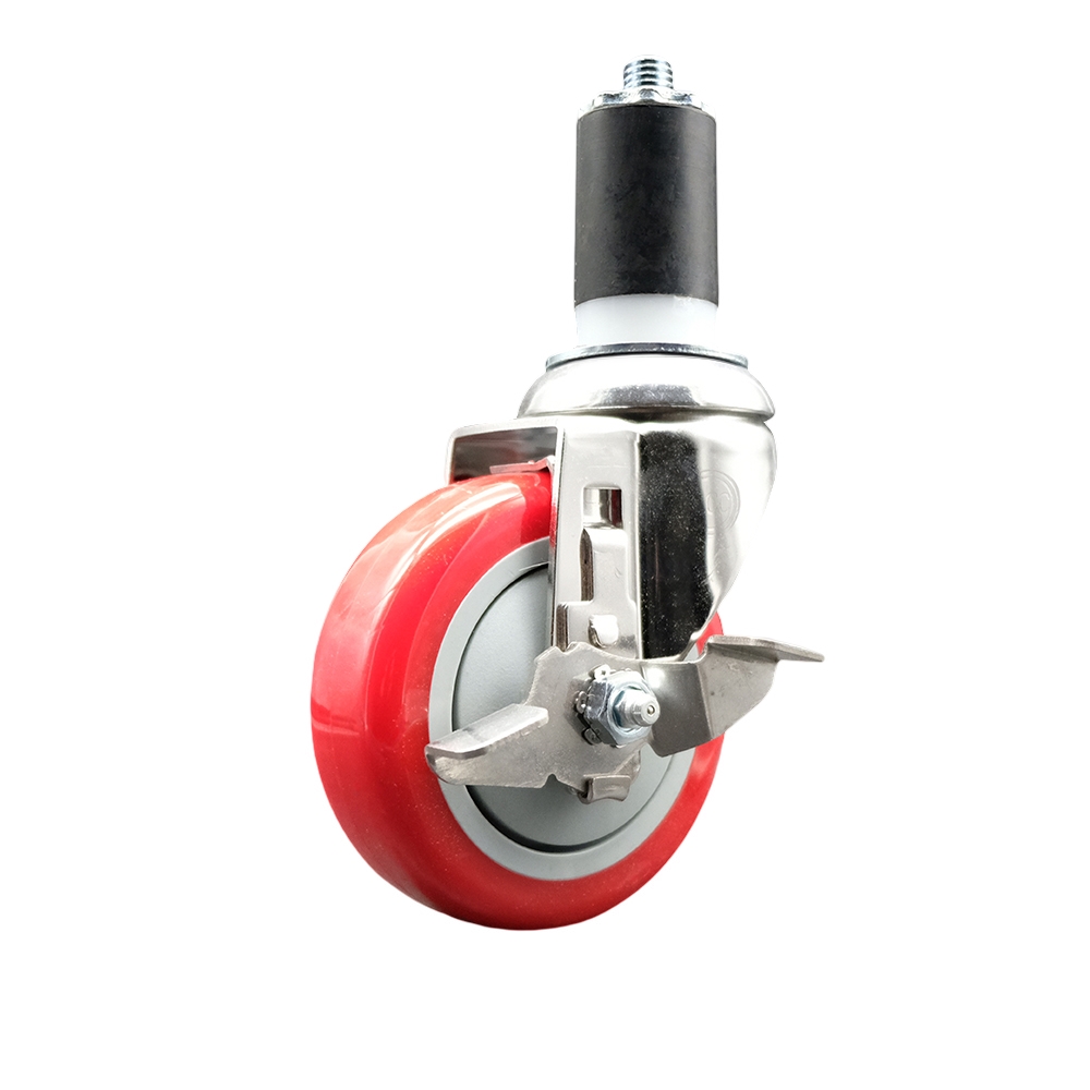 Polyurethane Swivel Stem Caster with 4 in. Red Caster Wheels & Top Lock Brake, 1.63 in. Expanding Stem - 316 Stainless Steel Caster