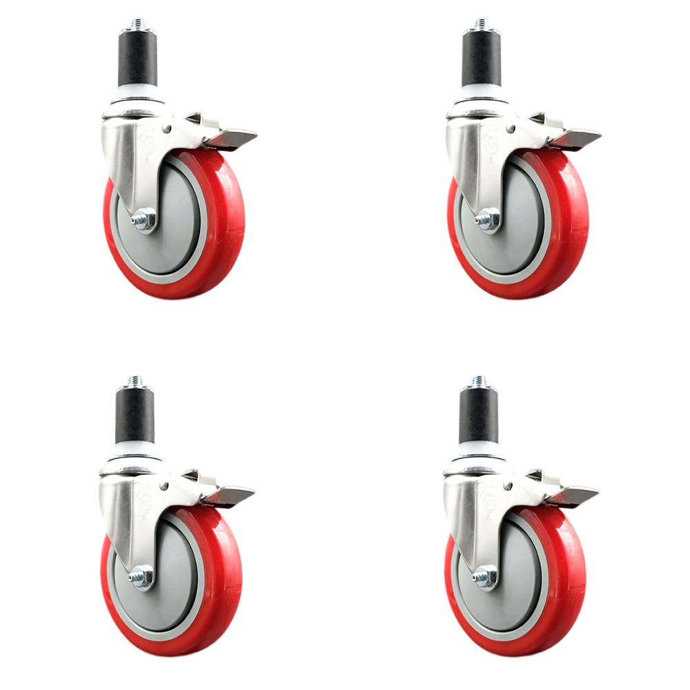 Polyurethane Swivel Stem Caster with 5 in. Red Caster Wheels, 1.63 in. Expanding Stems - 316 Stainless Steel Casters - Set of 4