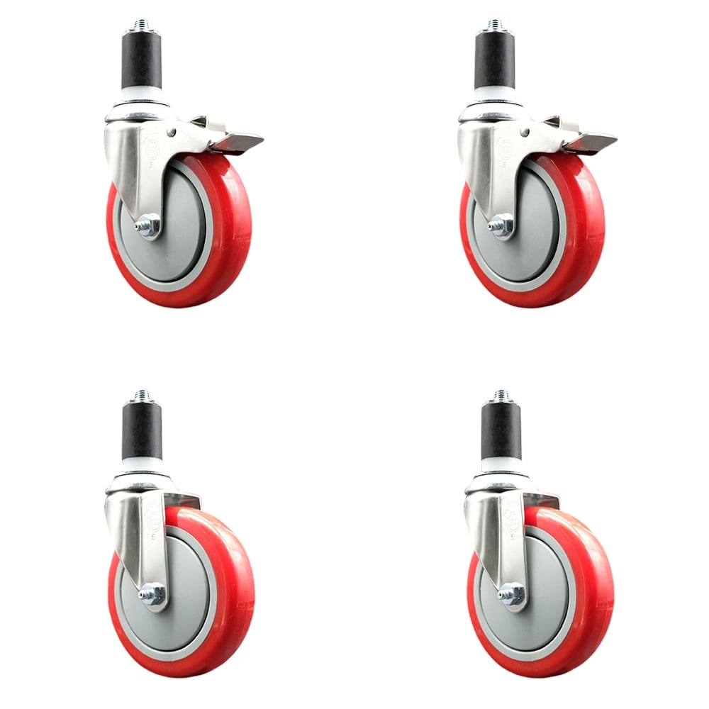 Polyurethane Swivel Stem Caster with 5 in. Red Caster Wheels, 1.63 in. Expanding Stem - 316 Stainless Steel Casters - Set of 4