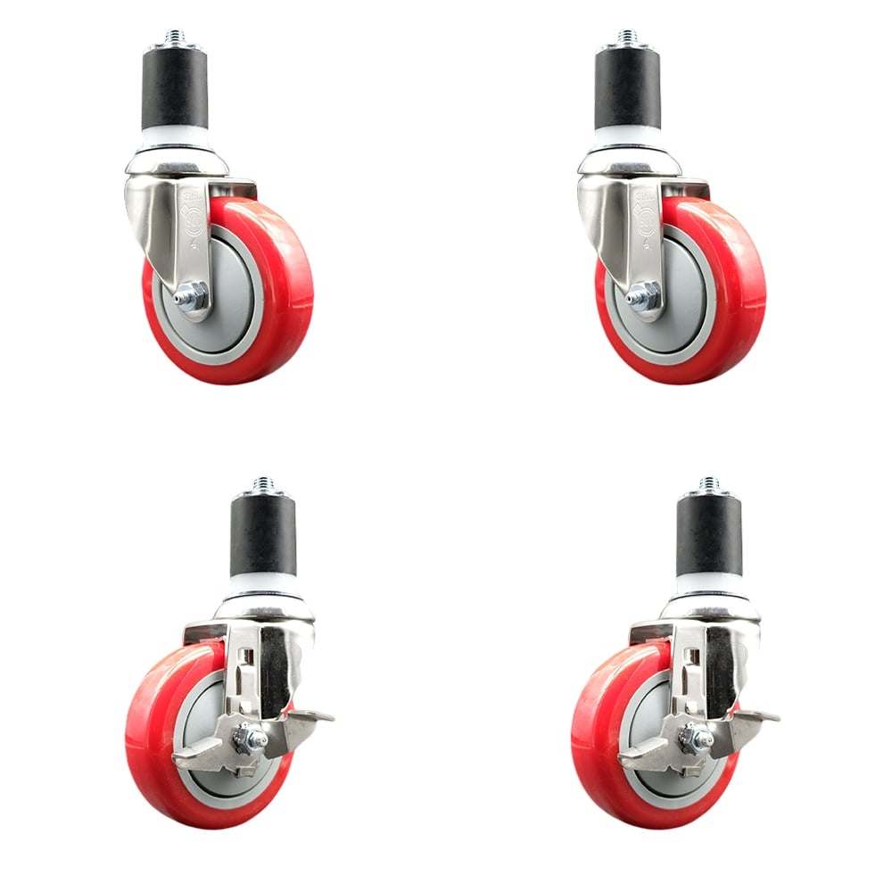 Polyurethane Swivel Stem Caster with 4 in. Red Caster Wheels, 1.75 in. Expanding Stems - 316 Stainless Steel Casters - Set of 4