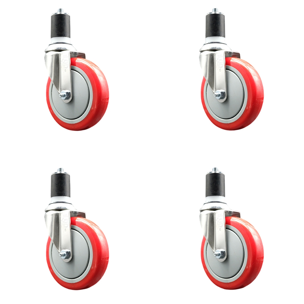 Polyurethane Swivel Stem Caster with 5 in. Red Caster Wheels, 1.75 in. Expanding Stems - 316 Stainless Steel Casters - Set of 4