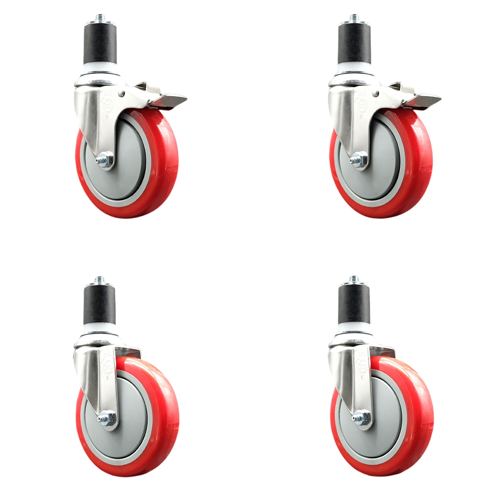 Polyurethane Swivel Stem Caster with 5 in. Red Caster Wheels, 1.75 in. Expanding Stem - 316 Stainless Steel Casters - Set of 4