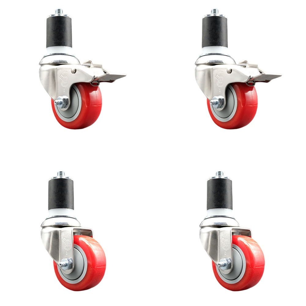 Polyurethane Swivel Stem Caster with 3 in. Red Caster Wheels, 1.87 in. Expanding Stem - 316 Stainless Steel Casters - Set of 4