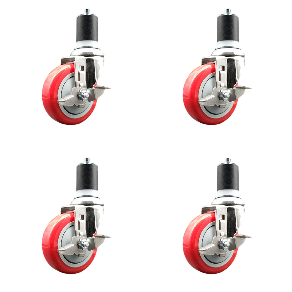 Polyurethane Swivel Stem Caster with 4 in. Red Caster Wheels, 1.87 in. Expanding Stems - 316 Stainless Steel Casters - Set of 4