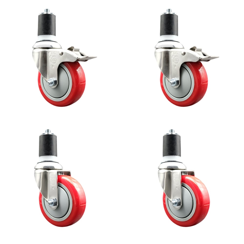 Polyurethane Swivel Stem Caster with 4 in. Red Caster Wheels, 1.87 in. Expanding Stem - 316 Stainless Steel Casters - Set of 4