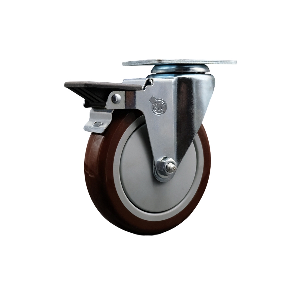 SCC-20S514-PPUB-MRN-PLB Polyurethane Swivel Top Plate Swivel Caster with 5 in. Maroon Wheel & Posi Locking Brake