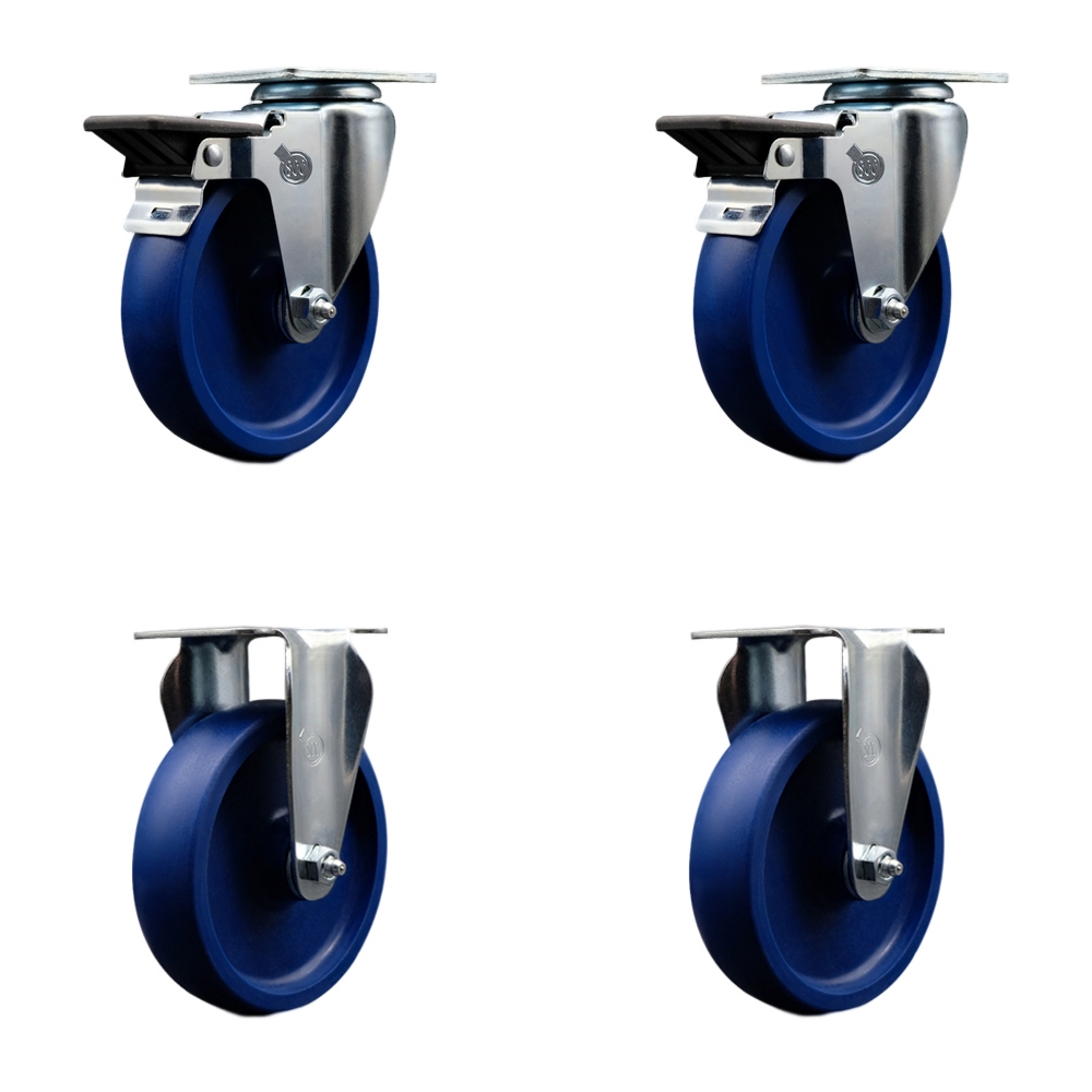 SCC-20S514-SPUS-PLB-2-R-2 Solid Polyurethane Swivel Top Plate Caster with 5 in. Blue Wheels - Set of 4