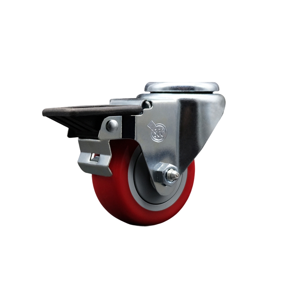SCC-BH20S314-PPUB-RED-PLB Polyurethane Swivel Bolt Hole Caster with 3 x 1.25 in. Red Wheel & Posi Locking Brake
