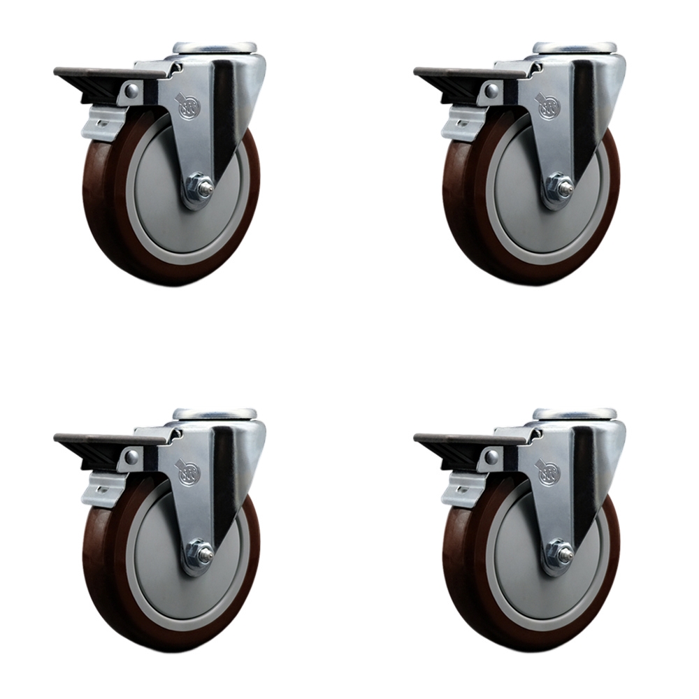 SCC-BH20S514-PPUB-MRN-PLB-4 Polyurethane Swivel Bolt Hole Caster with 5 x 1.25 in. Maroon Wheels - Set of 4
