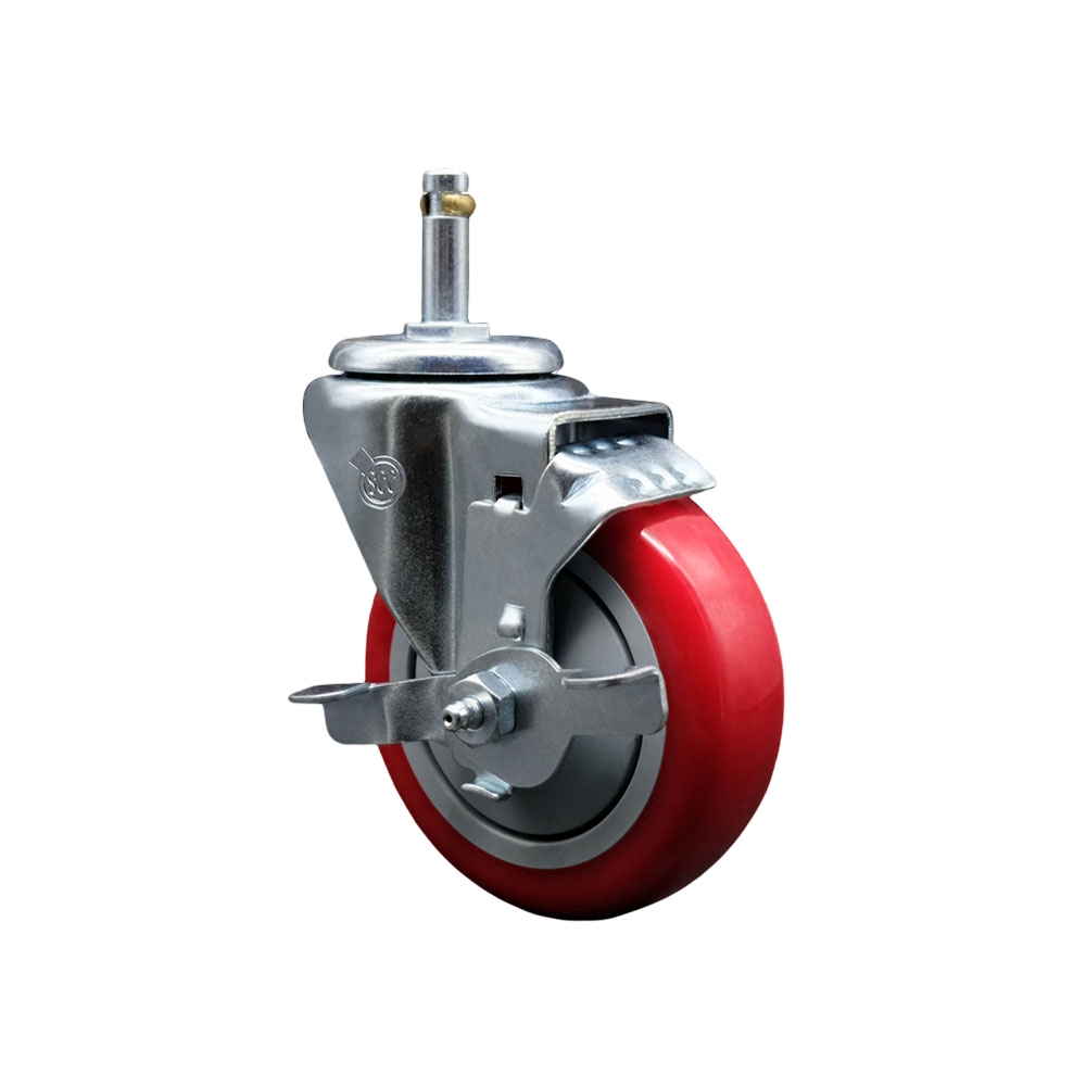 SCC-GR20S414-PPUB-RED-TLB-716138 Polyurethane Swivel Grip Ring Stem Caster with 4 x 1.25 in. Red Wheel & 0.43 in. Stem & Top Locking Brake