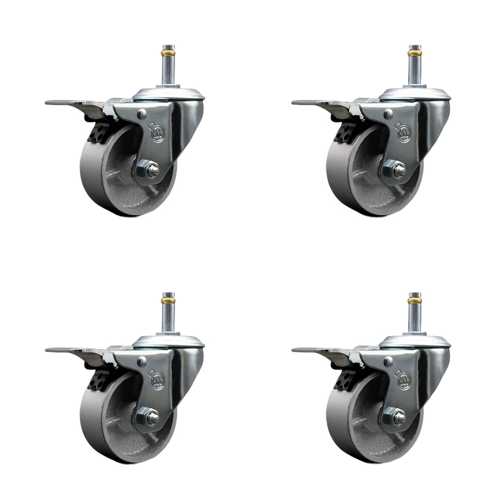 Semi Steel Cast Iron Swivel Grip Ring Stem Caster with Roller Bearings, with 3 x 1.5 in. Silver Wheels & 0.43 in. Stems - Set of 4