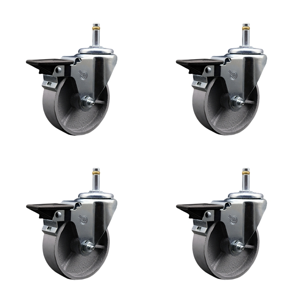 Semi Steel Cast Iron Swivel Grip Ring Stem Caster with Roller Bearings, with 4 x 1.5 in. Silver Wheels & 0.43 in. Stems - Set of 4