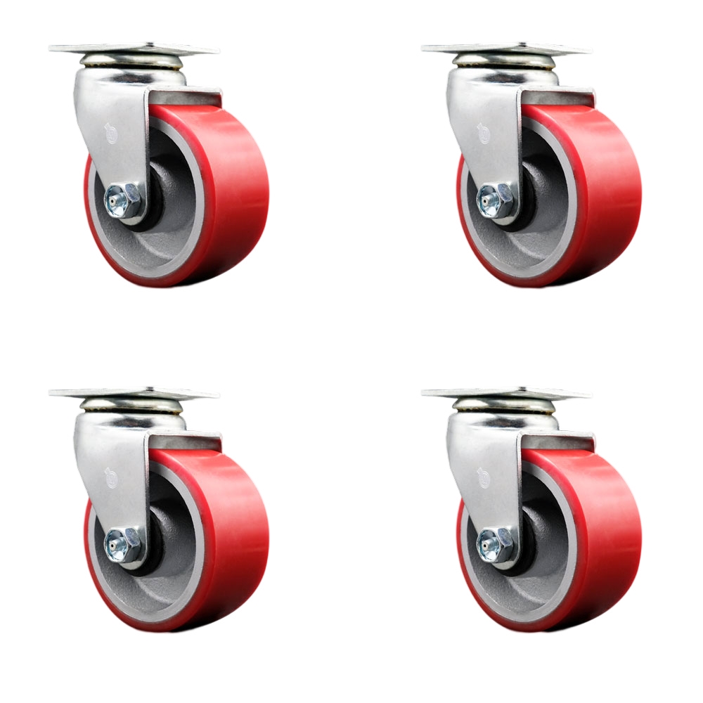 SCC-20S420-PUR-RS-4 Swivel Top Plate Caster Set, Red - 4 in. by 2 in. Polyurethane on Cast Iron Wheel Roller Bearing