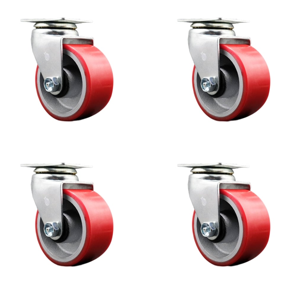 SCC-20S420-PUB-RS-4 Swivel Top Plate Caster Set, Red - 4 in. by 2 in. Polyurethane on Cast Iron Wheel Ball Bearing