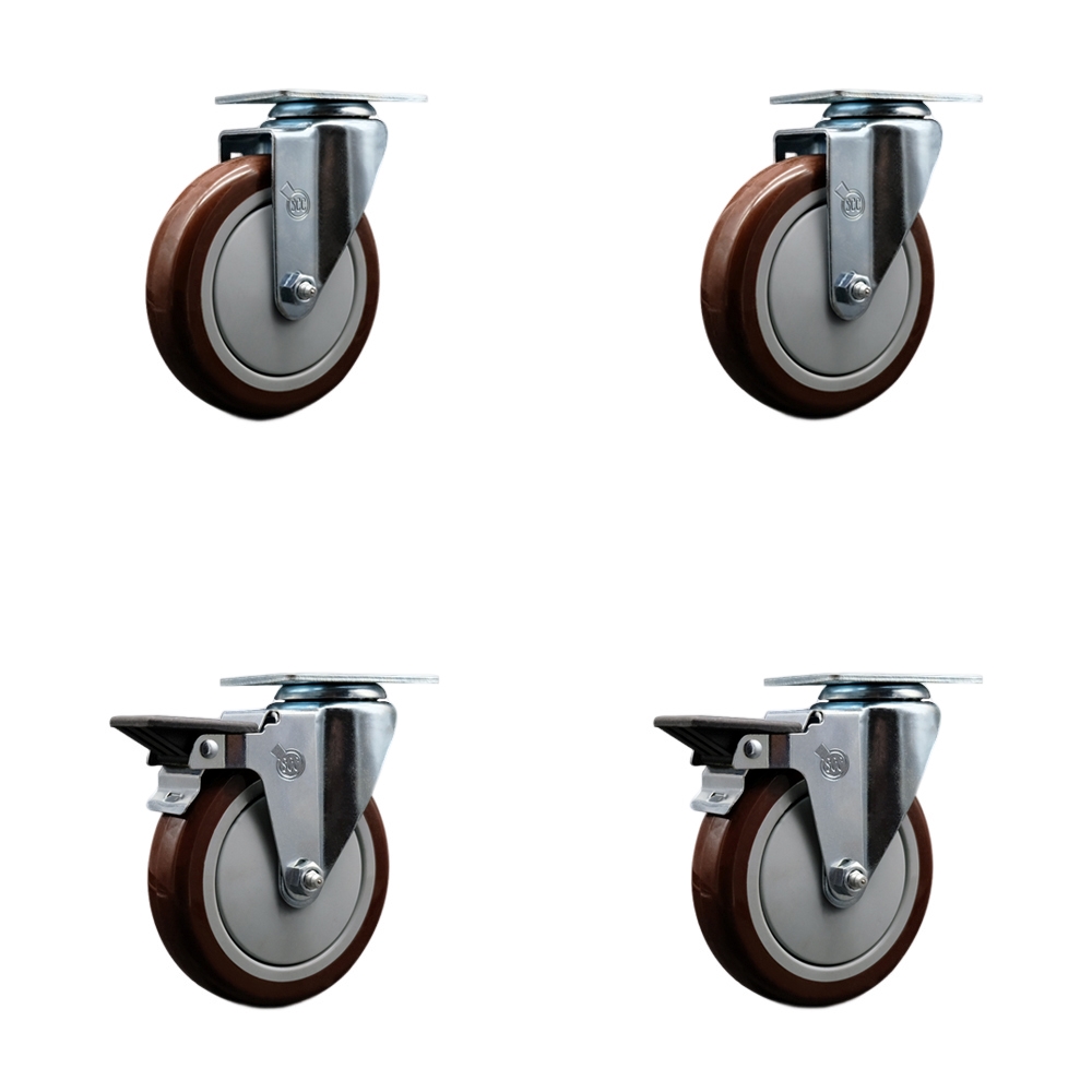 SCC-20S514-PPUB-MRN-2-PLB-2 Polyurethane Swivel Top Plate Caster with 5 in. Maroon Wheels - Set of 4