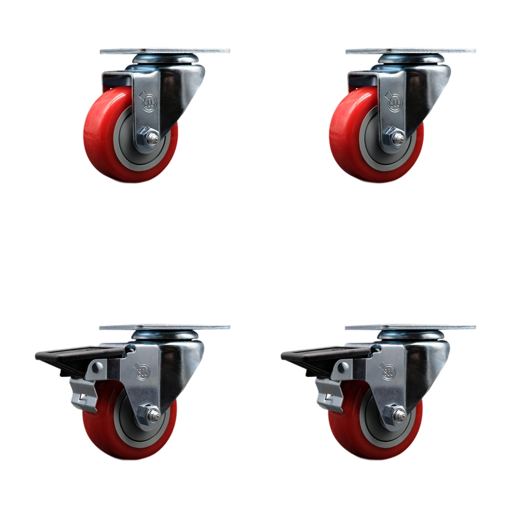 SCC-20S314-PPUB-RED-2-PLB-2 Polyurethane Swivel Top Plate Caster with 3 in. Red Wheels - Set of 4