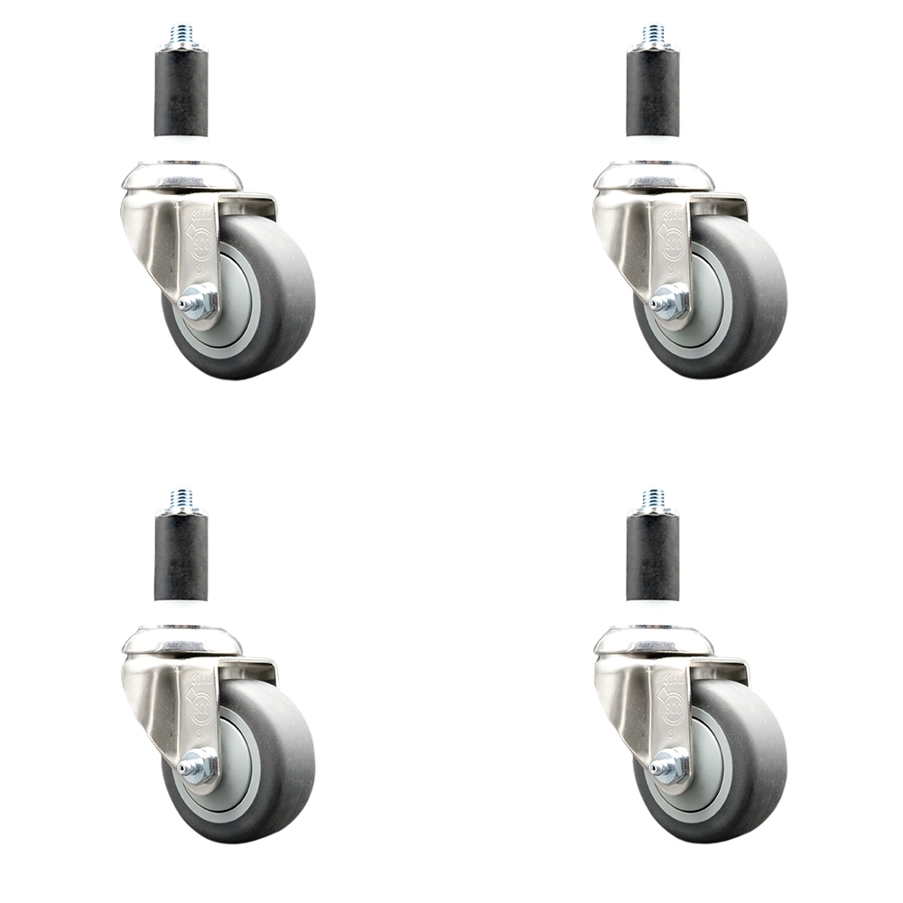 Thermoplastic Rubber Swivel Stem Caster with 3.5 in. Gray Caster Wheels, 1.25 in. Expanding Stems - 316 Stainless Steel Casters - Set of 4