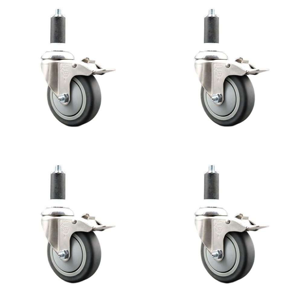 Thermoplastic Rubber Swivel Stem Caster with 4 in. Caster Wheels, 1.25 in. Expanding Stems - 316 Stainless Steel Casters - Set of 4