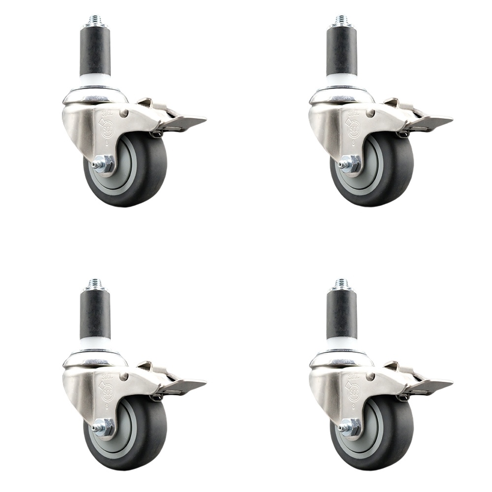 Thermoplastic Rubber Swivel Stem Caster with 3 in. Caster Wheels, 1.38 in. Expanding Stems - 316 Stainless Steel Casters - Set of 4