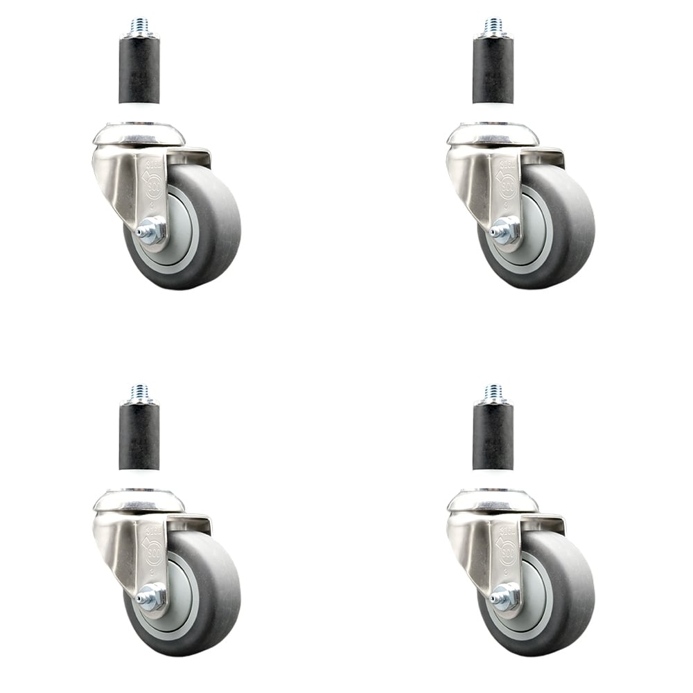 Thermoplastic Rubber Swivel Stem Caster with 3.5 in. Gray Caster Wheels, 1.38 in. Expanding Stems - 316 Stainless Steel Casters - Set of 4
