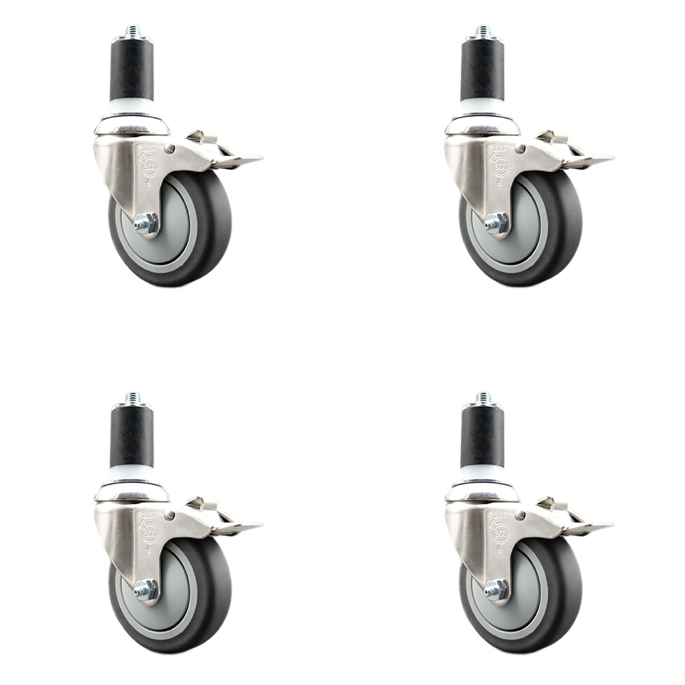Thermoplastic Rubber Swivel Stem Caster with 4 in. Caster Wheels, 1.5 in. Expanding Stems - 316 Stainless Steel Casters - Set of 4
