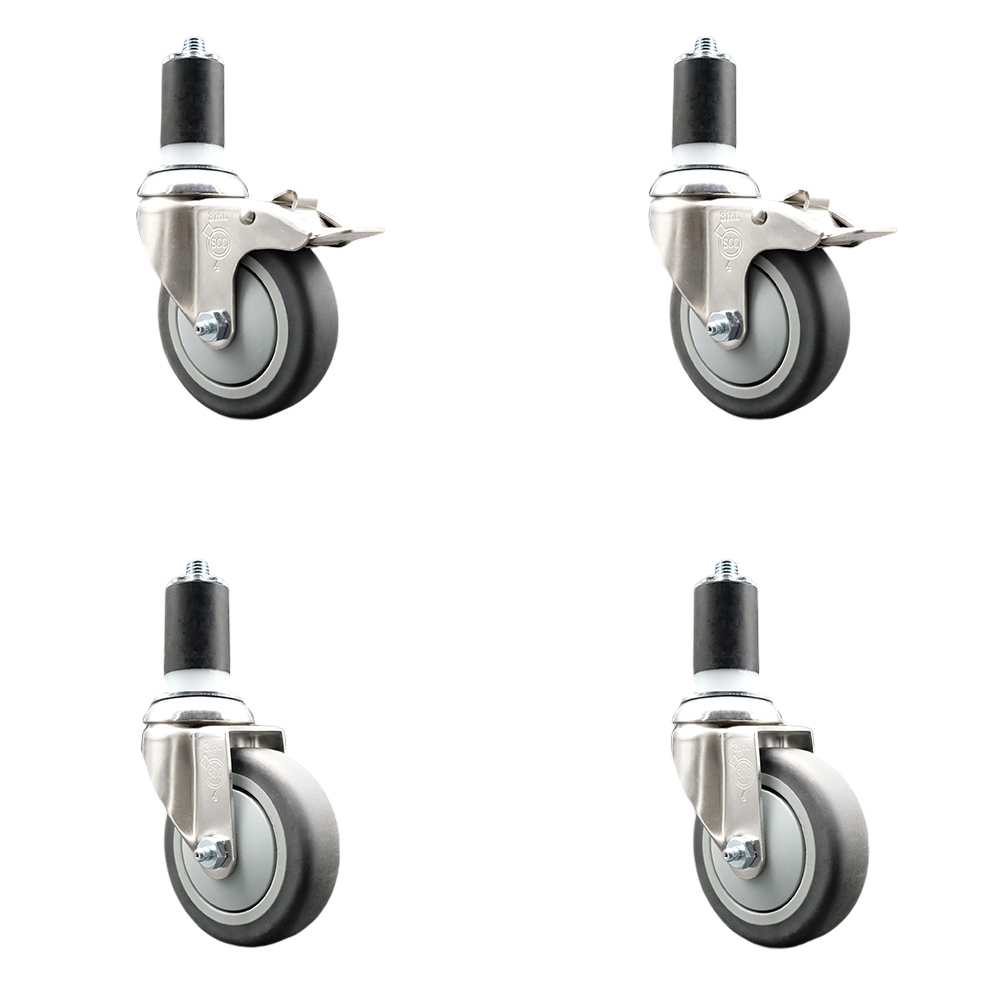 Thermoplastic Rubber Swivel Stem Caster with 4 in. Caster Wheels, 1.5 in. Expanding Stem - 316 Stainless Steel Casters - Set of 4