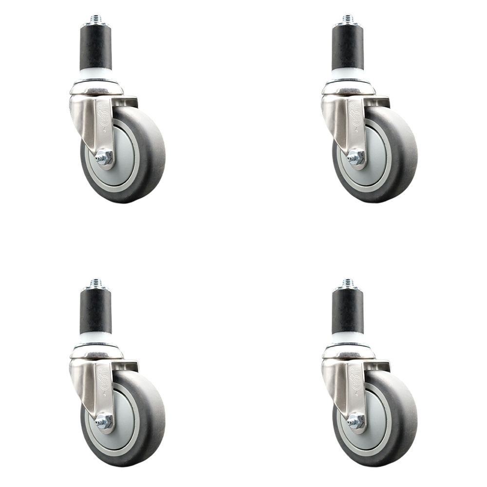 Thermoplastic Rubber Swivel Stem Caster with 4 in. Gray Caster Wheels, 1.63 in. Expanding Stems - 316 Stainless Steel Casters - Set of 4