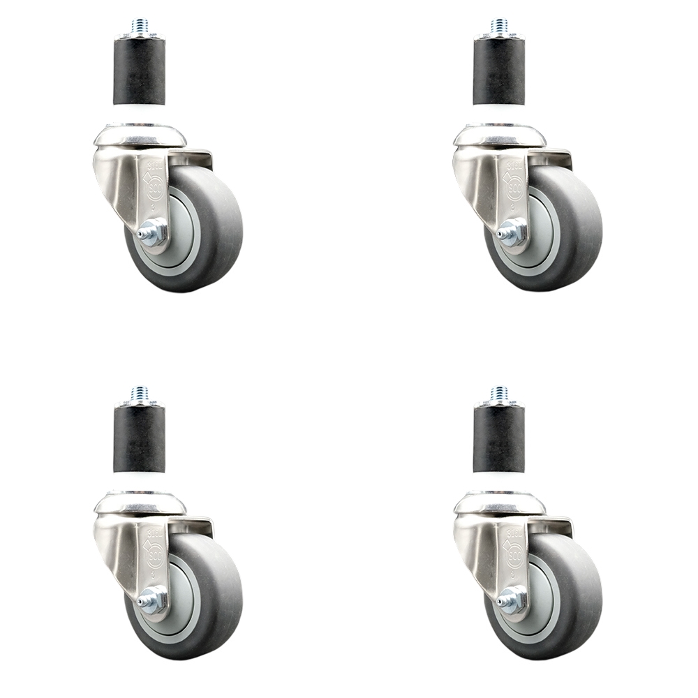 Thermoplastic Rubber Swivel Stem Caster with 3.5 in. Gray Caster Wheels, 1.75 in. Expanding Stems - 316 Stainless Steel Casters - Set of 4