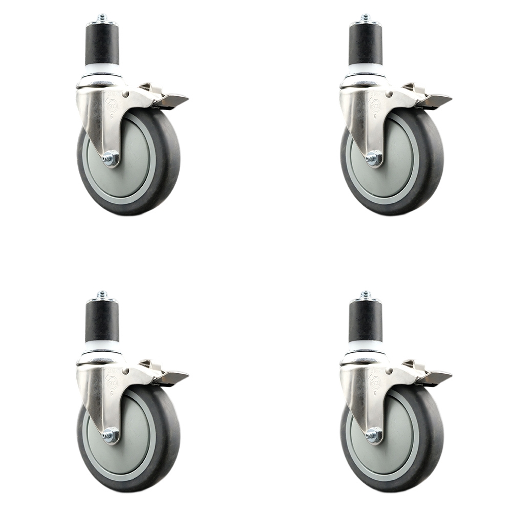 Thermoplastic Rubber Swivel Stem Caster with 5 in. Caster Wheels, 1.75 in. Expanding Stems - 316 Stainless Steel Casters - Set of 4