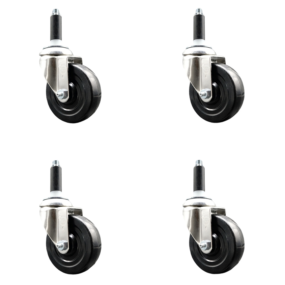 Soft Rubber Swivel Stem Caster with 4 in. Black Caster Wheels 0.75 in. Expanding Stems 316 Stainless Steel Casters - Set of 4