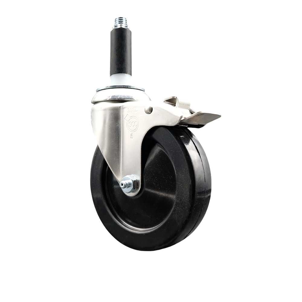 Soft Rubber Swivel Stem Caster with 5 in. Black Caster Wheel & Total Lock Brake 0.75 in. Expanding Stem 316 Stainless Steel Caster