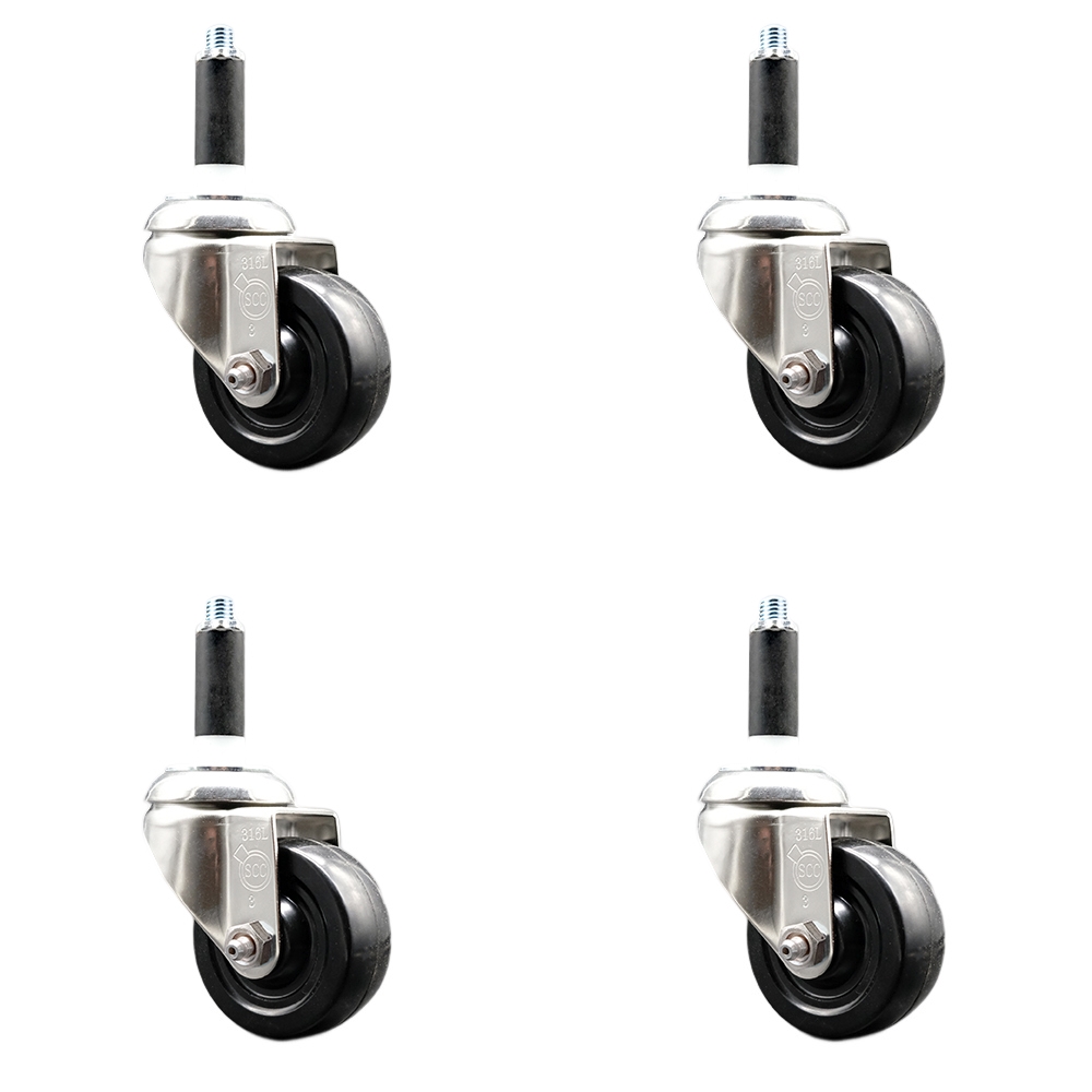 Soft Rubber Swivel Stem Caster with 3.5 in. Black Caster Wheels 0.87 in. Expanding Stems 316 Stainless Steel Casters - Set of 4