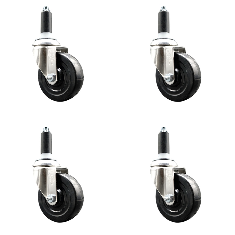 SCC-SS316EX20S414-SRS-1-4 Soft Rubber Swivel Stem Caster with 4 in. Black Caster Wheels 1 in. Expanding Stems 316 Stainless Steel Casters - Set of 4