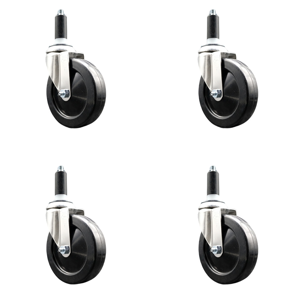 SCC-SS316EX20S514-SRS-1-4 Soft Rubber Swivel Stem Caster with 5 in. Black Caster Wheels 1 in. Expanding Stems 316 Stainless Steel Casters - Set of 4