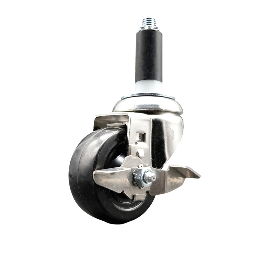 Soft Rubber Swivel Stem Caster with 3 in. Black Caster Wheel & Top Lock Brake 1.13 in. Expanding Stem 316 Stainless Steel Caster