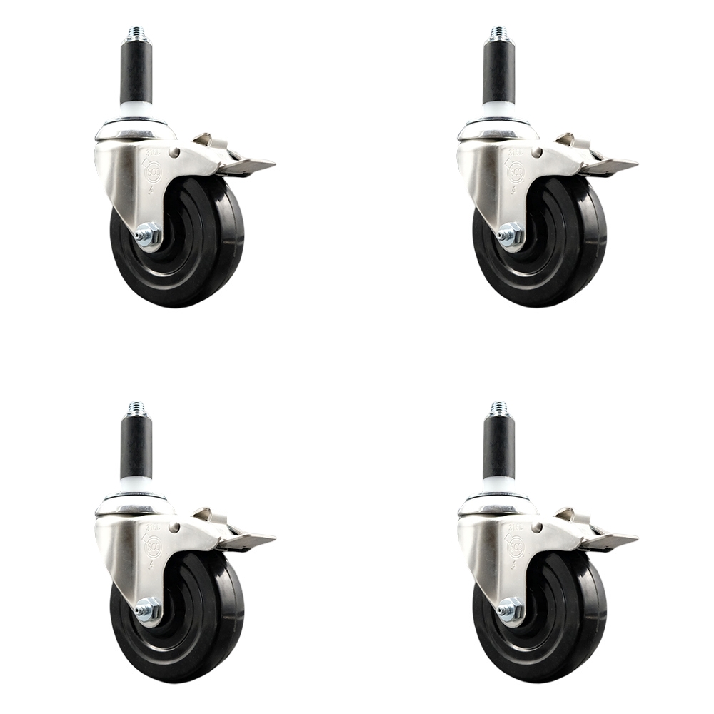 Soft Rubber Swivel Stem Caster with 4 in. Caster Wheels 1.13 in. Expanding Stems 316 Stainless Steel Casters - Set of 4