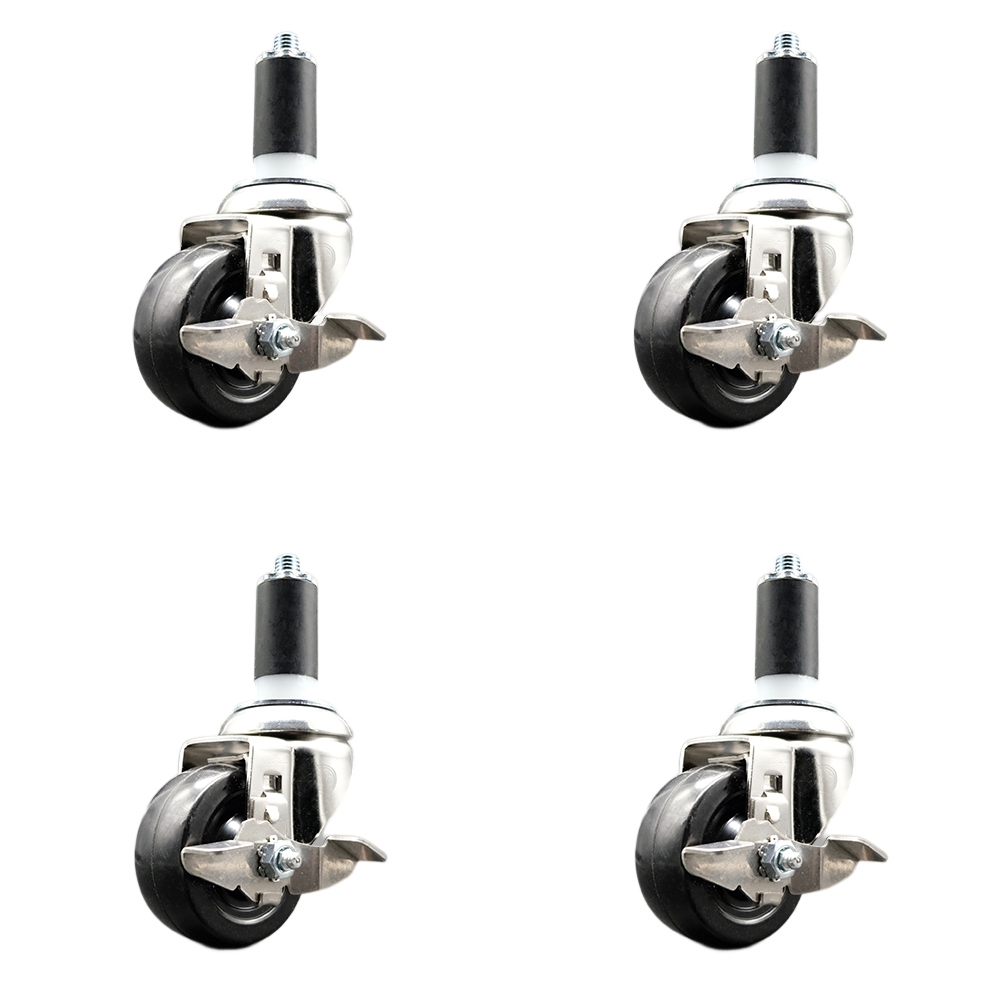 Soft Rubber Swivel Stem Caster with 3 in. Caster Wheels 1.25 in. Expanding Stems 316 Stainless Steel Casters - Set of 4